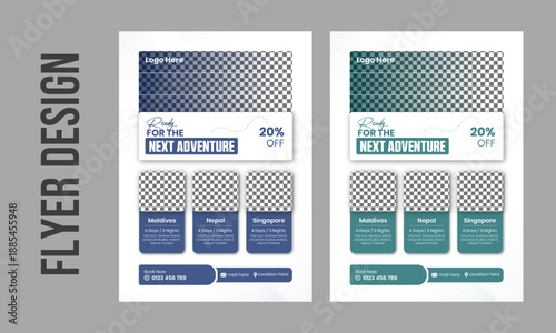 Modern Travel Agency Flyer Design with Adventure Tour Promotion, Vacation Destinations, Discount Offer, Holiday Trip Packages, Clean Corporate Tourism Marketing Poster Template
