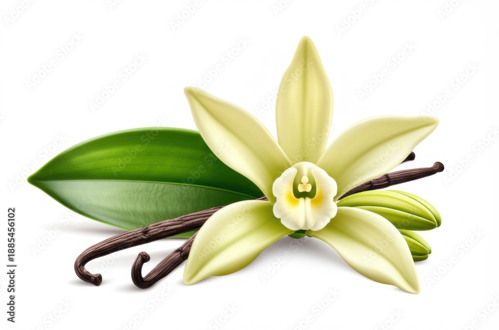 Fototapeta premium Vanilla flower with white petals and yellow stamens is surrounded by green leaves and dark pods. The elegant composition on a white background highlights the exotic beauty of nature.