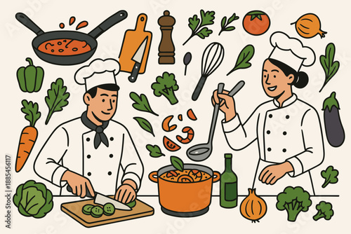 Food cooking kitchen vector A4 poster with chefs preparing meals vegetables and utensils.