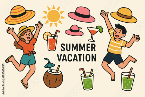 Summer vacation holiday flat cartoon banner with sun hats drinks and playful characters.