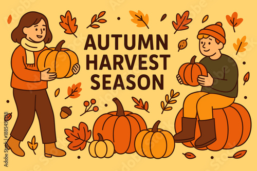 Autumn harvest season flat cartoon holiday banner with pumpkins foliage cozy characters.