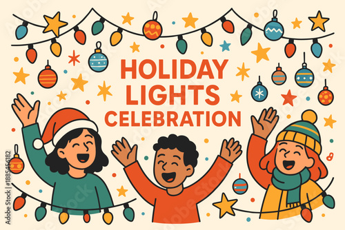 Holiday lights celebration flat cartoon banner with garlands stars ornaments and cheerful characters.