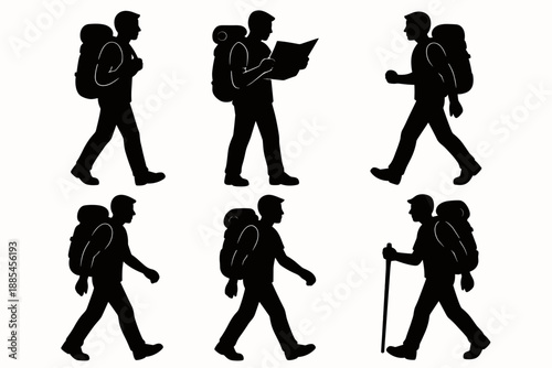 Traveler tourist explorer silhouette set showing carrying backpack map and various walking poses.