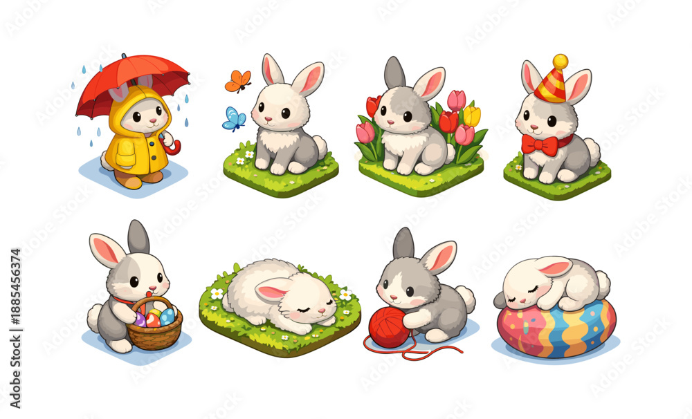 Obraz premium Cute cartoon bunnies in various adorable Easter and spring themed scenes
