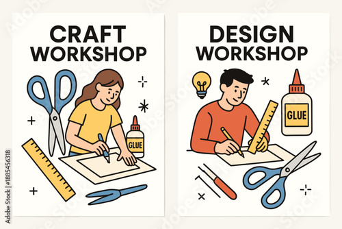Design workshop craft vector two a4 posters poster with scissors glue ruler and creative people.
