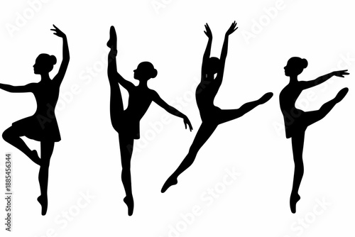 Dancer ballerina performer silhouette set showing pirouette stretch leap movements.