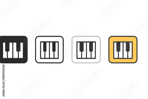 Keyboard piano instrument four style vector icon set depicting musical tool variations.