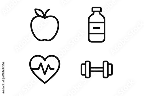 Healthy lifestyle wellness vector grid icon set featuring fruit bottle heart dumbbell.