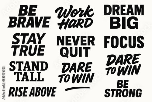 Heroic motto slogan vector wordmark logo set with bold expressive lettering modes.