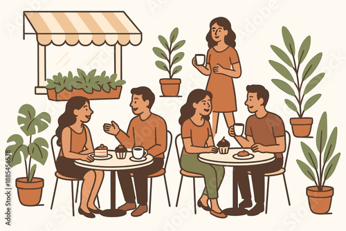 Street café lifestyle flat vector illustration scene with tables desserts plants and chatting people.
