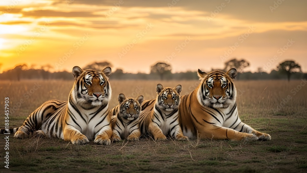 Fototapeta premium Majestic tiger family resting in savanna at sunset, wild Bengal tigers with cubs in golden hour light, exotic wildlife group in African landscape isolated PNG with Transparent Background
