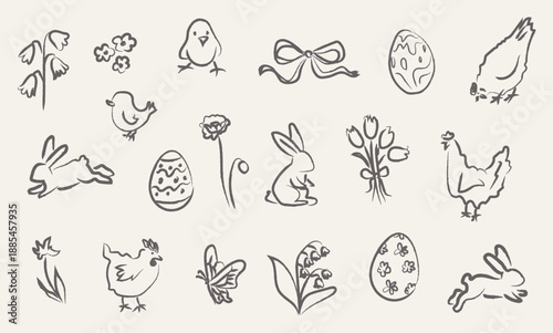 Hand drawn whimsy Easter icon collection with bunny, chick, egg, flower, bow. Childish sketch doodle set in crayon texture style for spring holiday design. Vector illustration on isolated background.
