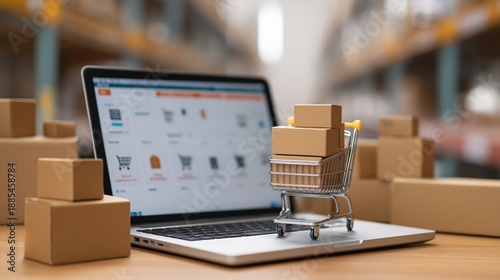 Laptop displaying an online store with a mini shopping cart full of delivery boxes, representing online shopping and logistics