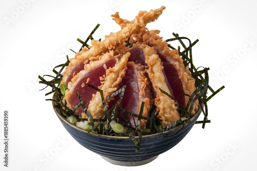 A photo of a bowl of fried tuna with seaweed
