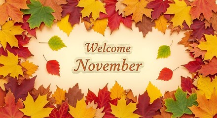 Autumnal welcome message with colorful leaves and decorative design