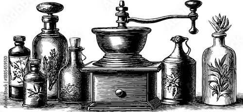 Vintage botanical experimental apparatus sketch for design and decor