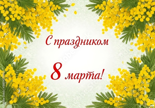 Happy 8th march with mimosa flowers and green leaves
