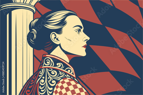 Profile portrait of a serious woman with an elegant updo stands next to a classical column against a graphic background.