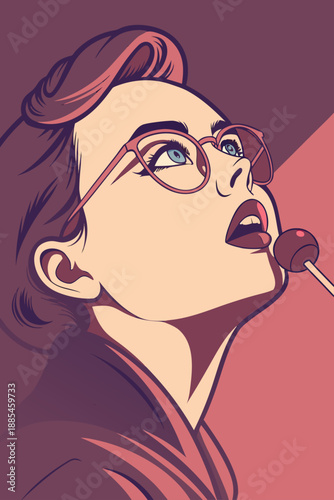 Woman with retro hairstyle and glasses looks upward while holding a lollipop in a stylized pop art composition.