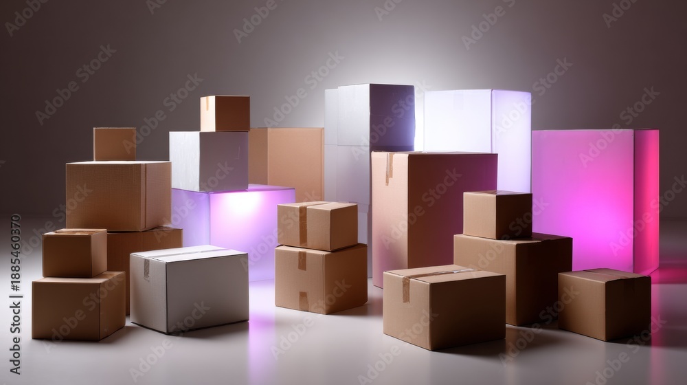 Obraz premium Stacked cardboard boxes with neon light for product branding and modern design packaging photography conceptual visual scene