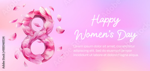 Spring blossom petals falling gracefully. Pink flowers scattered in air for March 8 banner. Soft pastel floral background with delicate watercolor effect for Women's Day celebration. 