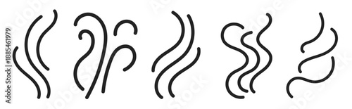 Aroma icon set with steam waves and smoke swirls. Hot coffee scent symbols in doodle line style. Perfect for food, cooking, and fragrance designs with heat effects. Vector illustration.