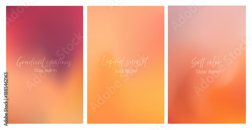 Gradient background with orange and red tones of sunrise. Collection of warm sunset backgrounds. Soft blurred sky background. Vector illustration.