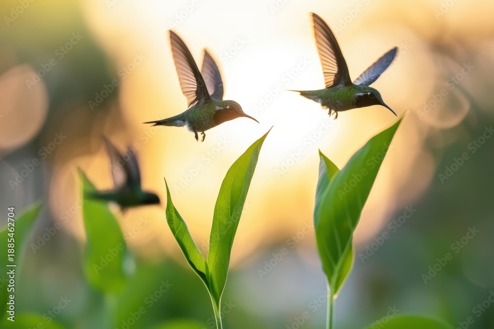 Fototapeta premium Graceful Hummingbirds in Flight Amidst Green Foliage, Bathed in Soft Golden Hour Light