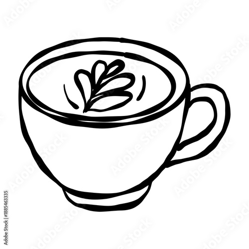 Hand Drawn Latte Cup Line Art Minimal Black Outline Coffee Illustration Cozy Cafe Drink with Latte Art for Coffee Shop Branding Menu Design and Kitchen Decor