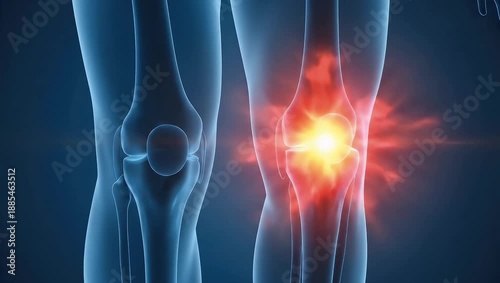 Human knee joints showing painful inflammation and normal structure in a scientific background
