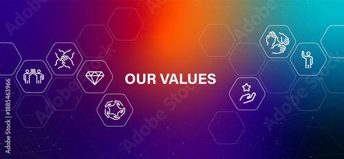 Our values corporate banner design displaying core principles and ethics concept gradient background line icons mission statement