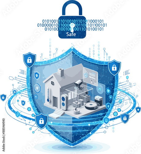 Create a realistic Concept of Smart home, private house , cyber safety, digital protection of smart home system. 3d rendering vector art with white background.