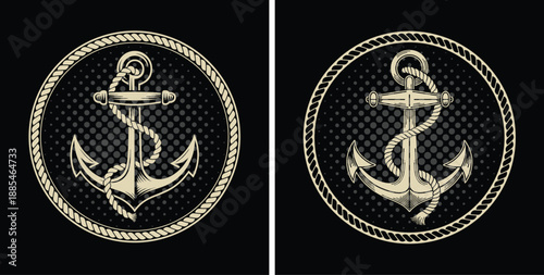 Nautical anchor with rope vintage vector illustration badge in circle frame on black background