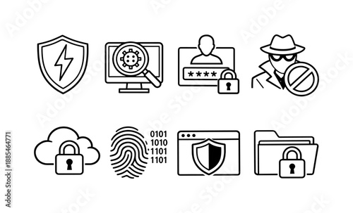 Cybersecurity and data protection icons representing digital safety and privacy concepts