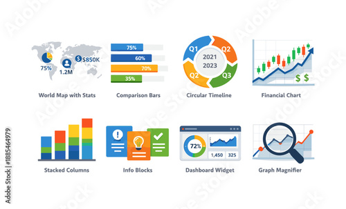 Collection of business and financial data visualization icons and charts