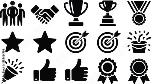 A collection of black and white success icons featuring awards, targets, and positive symbols