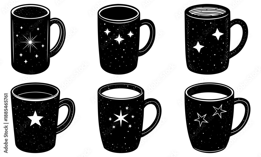 Obraz premium Six Black Mugs with Star and Constellation on White Background cups stars