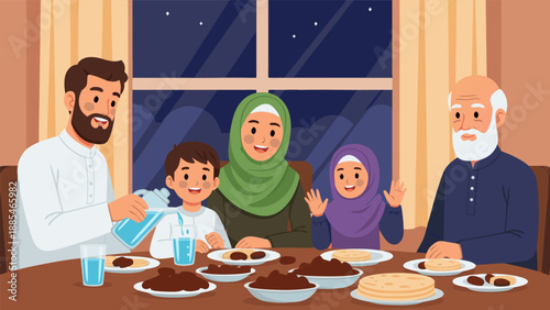 Family dinner vector illustration with father, mother, children, and grandfather gathered around a table