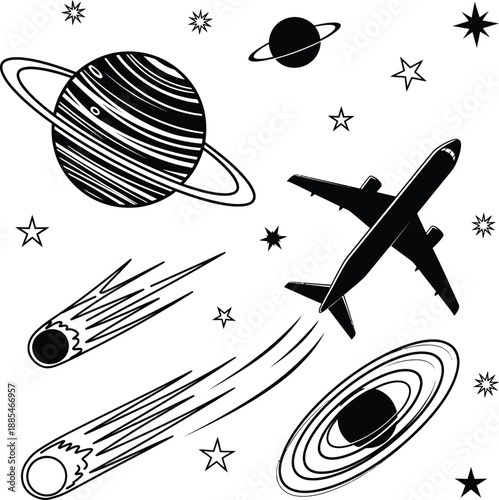 Space Doodle Planets And Airplane Vector