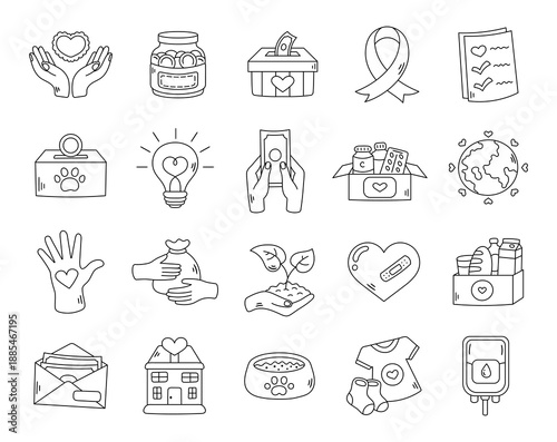 Charity donation support set in outline line art featuring help symbols care giving community aid medical assistance animal shelter global support humanity