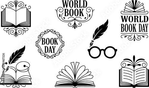 World book day icons with books feathers and glasses on white