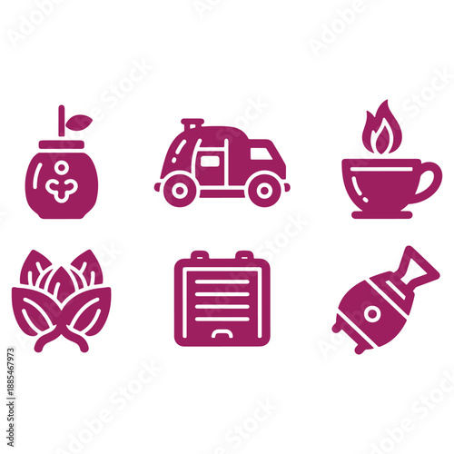 Collection of purple icons representing various objects including a jar van coffee cup lotus flower document and fish