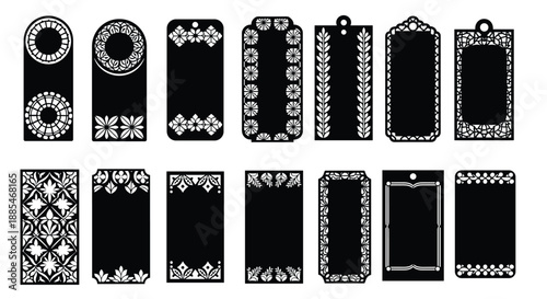 Collection of fourteen ornate black tag designs with intricate floral and geometric lace-like patterns for labels and bookmarks.