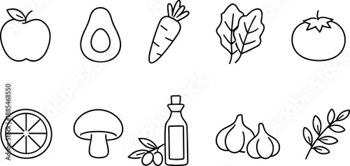 Set of black line icons representing vegetables, fruits and cooking ingredients including apple, carrot, tomato, avocado, spinach, pepper, mushroom, onion, garlic, and olive oil. Minimalist outline ic