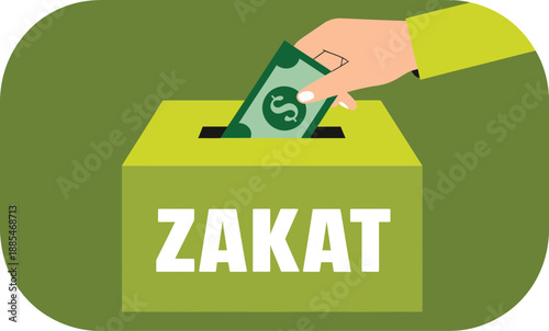 Ramadan zakat box for charity and donation with a hand placing money into the collection slot symbolizing giving during the holy month isolated on white background