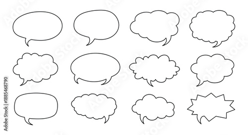 Set of twelve different blank speech bubble outlines provides various shapes like round, oval, cloud, and jagged for dialogue and thoughts.