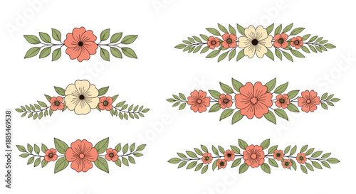Six floral dividers feature delicate arrangements of pink flowers and green leaves in various horizontal and symmetrical compositions.