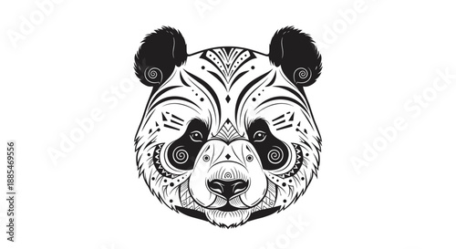 Intricate black and white illustration of a panda head is decorated with complex mandala-like tribal patterns and swirling line details.