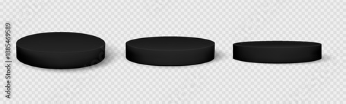 Black cylinder podium set with marble texture for product display on transparent background. Round platform stand premium 3d design. Vector isolated mockup showcase. Advertising for studio interio