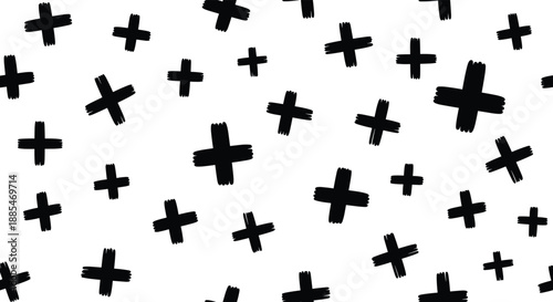 Abstract seamless pattern of hand-drawn black plus signs or crosses scattered randomly on a white background for modern textures.